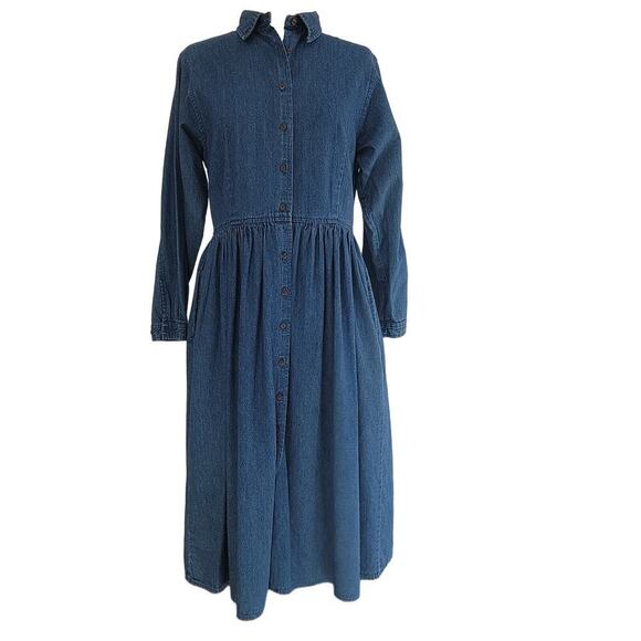 Vintage Eddie Bauer Long Sleeve Denim Jean Prairie Modest Maxi Dress W/Pockets - Picture 1 of 13